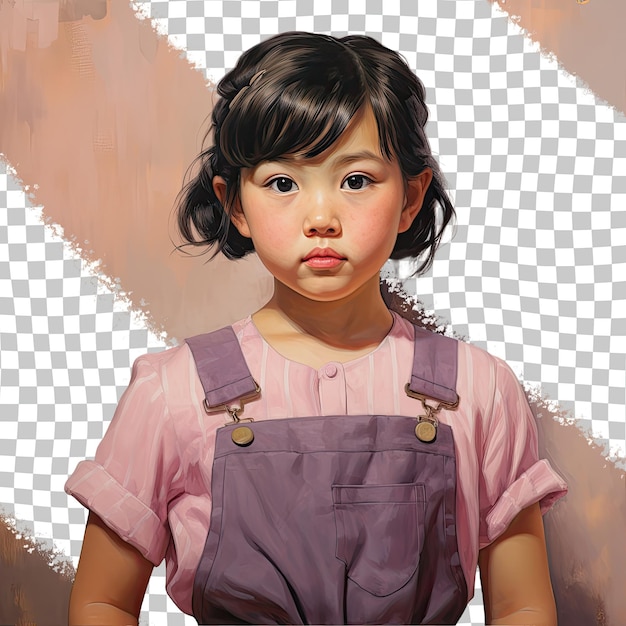 PSD bambina di fattoria asiatica orientale con i capelli corti nel mento riluttante a mano posa su sfondo pastello mauve