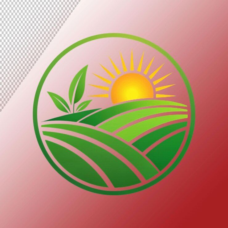 PSD farm logo design organic product sun and green on transparent background