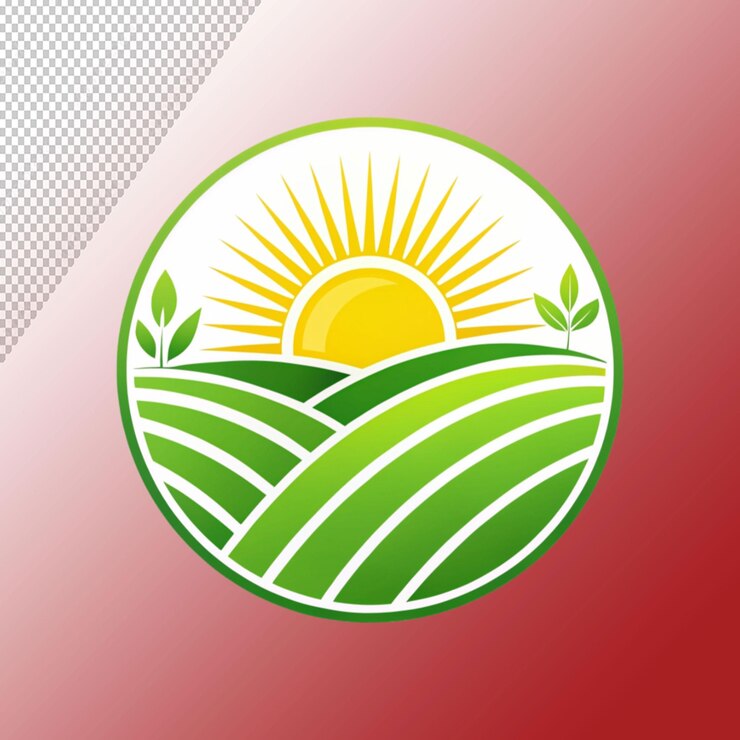 PSD farm logo design organic product sun and green on transparent background