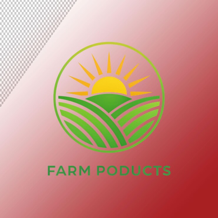 PSD farm logo design organic product sun and green on transparent background