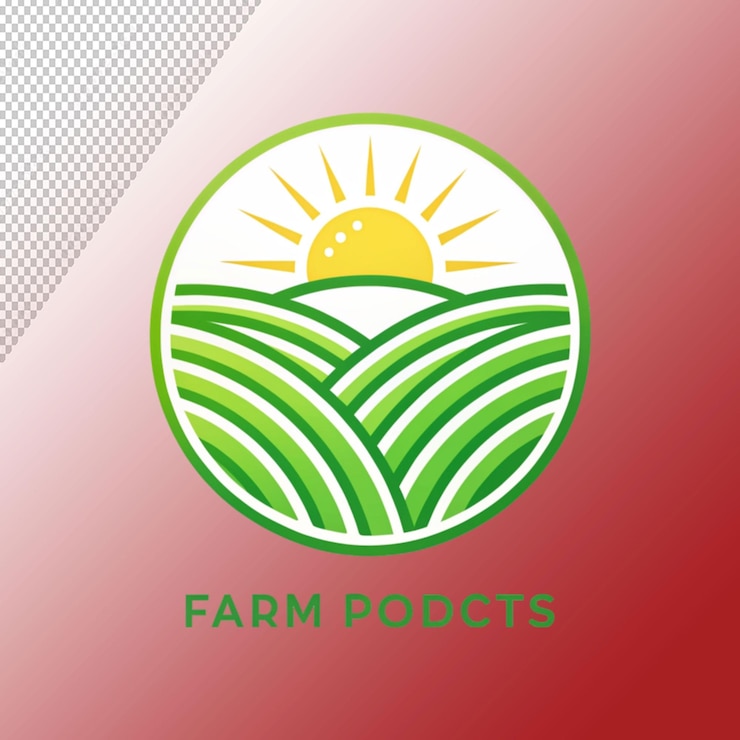 PSD farm logo design organic product sun and green on transparent background