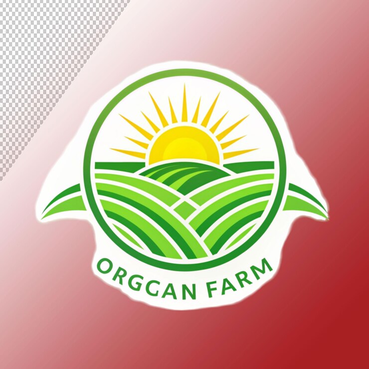 PSD farm logo design organic product sun and green on transparent background