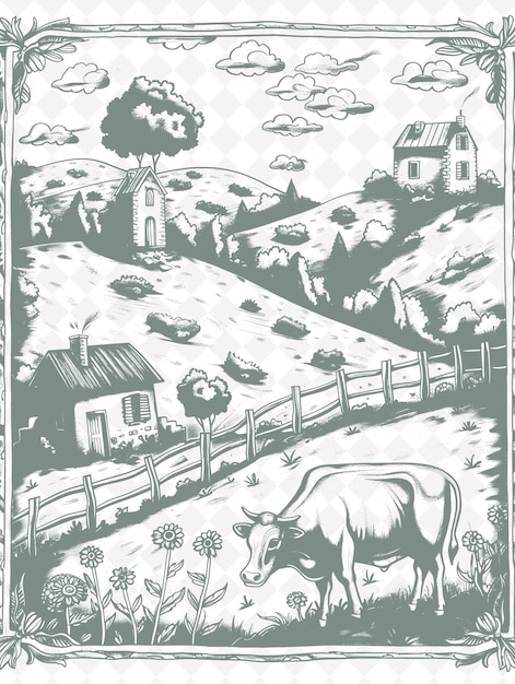 A farm scene with cows on the ground and a fence with a house in the background