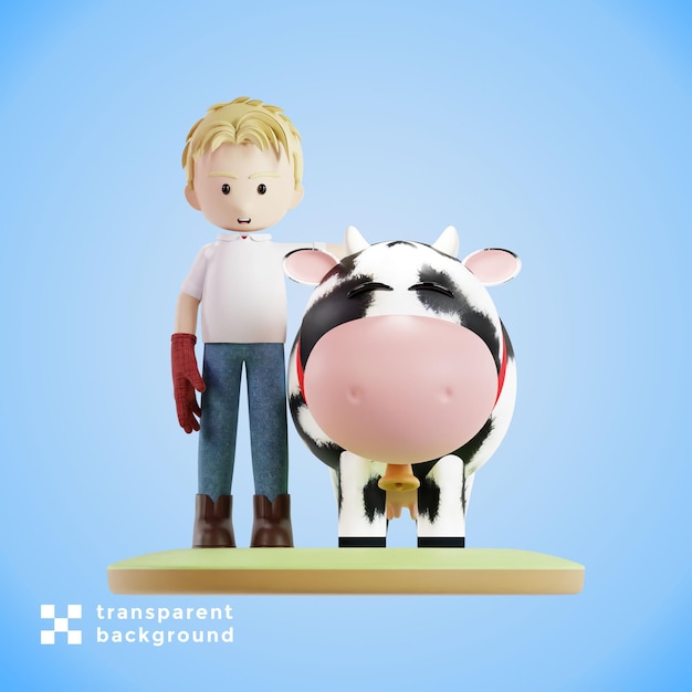 A farmer and a cow are standing next each other 3d render illustration