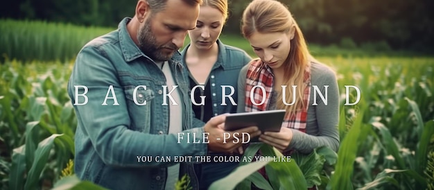 PSD farmer family checking crops in field with technological method using tablet