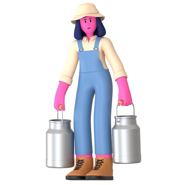 PSD farmer girl bring milk can agriculture village