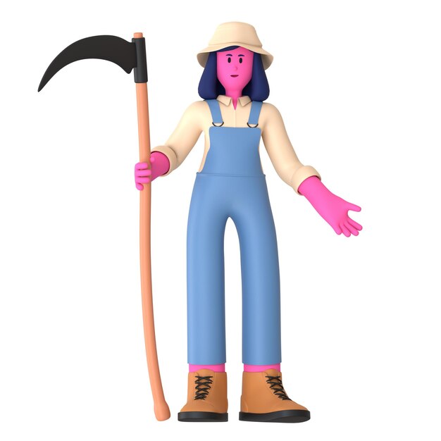 PSD farmer girl bring scythe agriculture village