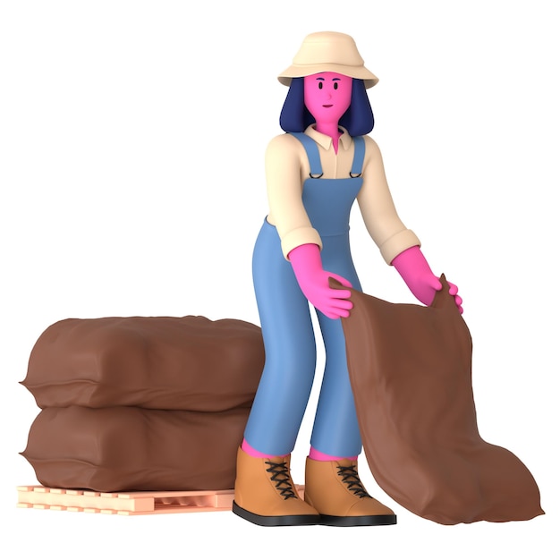 Фермерская девушка приносит пшеничный мешок сельскому хозяйству деревни