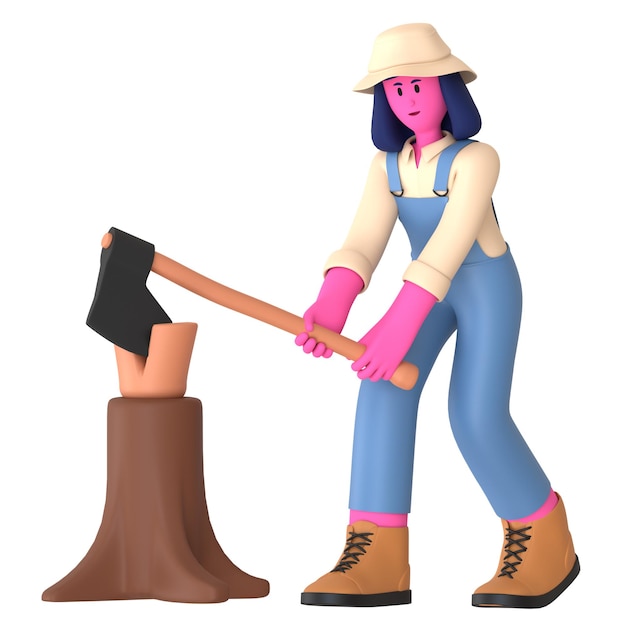 PSD farmer girl cut log with wood axe agriculture village