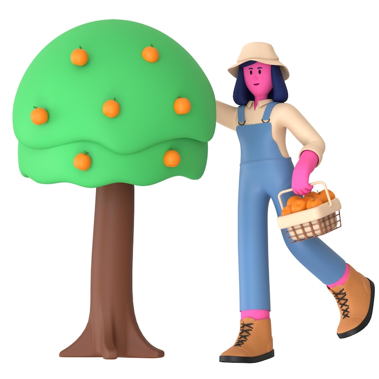 PSD farmer girl harvest fruit tree agriculture village