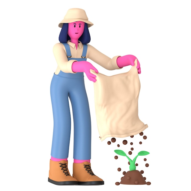 PSD farmer girl put fertilize bag agriculture village