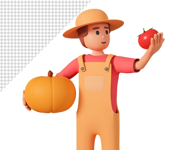 Farmer holds pumpkin and tomato front view 3d illustration