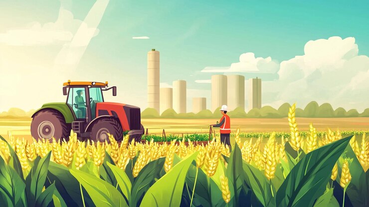 PSD farmer inspecting ripe sorghum field with tractor in background and industrial structures