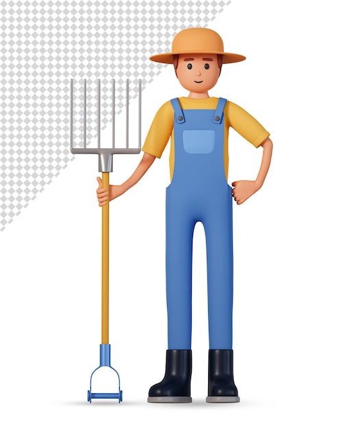 Farmer in overalls hold pitchfork front view 3d illustration