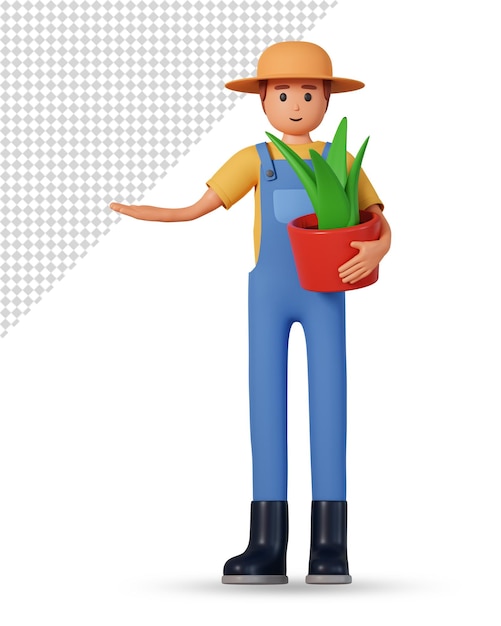 Farmer in overalls hold potted plant and pointing at something with hand 3d illustration