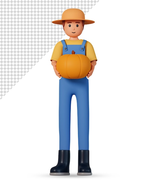 PSD farmer in overalls hold pumpkin front view 3d illustration