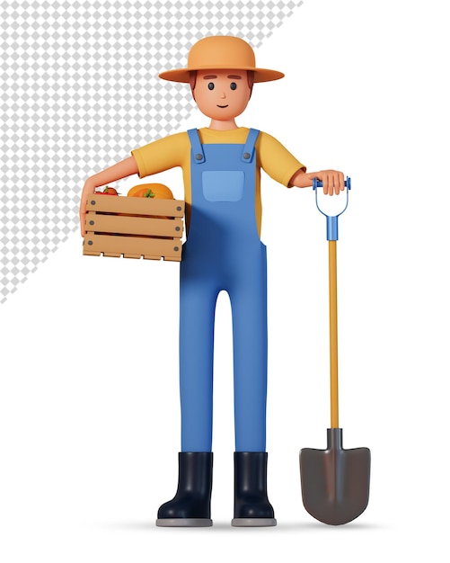 Farmer in overalls hold wooden box with vegetables in one hand and shovel in other 3d illustration