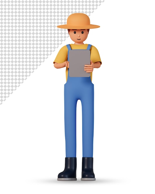 PSD farmer in overalls using tablet front view 3d illustration