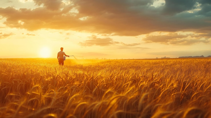 PSD farmer spraying wheat field at sunset