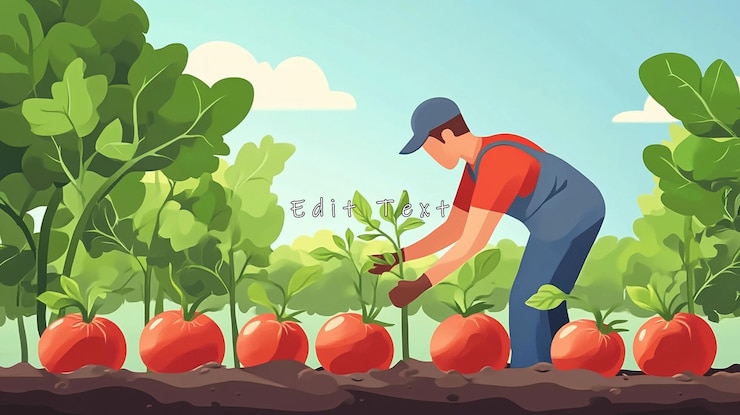 PSD farmer tending to ripe tomatoes in a lush garden