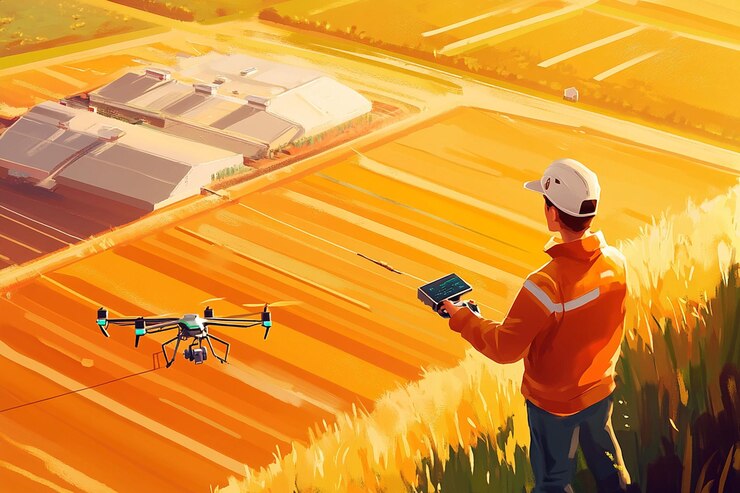 PSD farmer using drone to survey agricultural fields and greenhouse