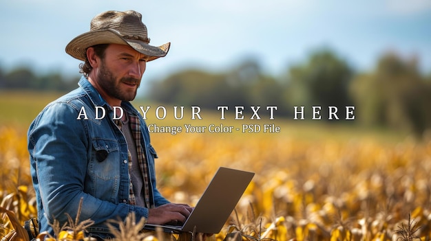 PSD farmer using smartphone and laptop for contacts customers in corn field