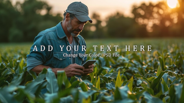 PSD agricoltore che utilizza smartphone e laptop per contattare i clienti nel campo di mais