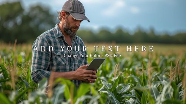 PSD farmer using smartphone and laptop for contacts customers in corn field