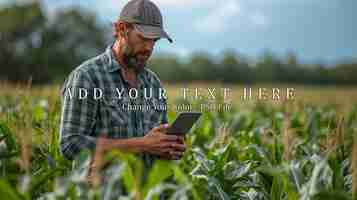PSD agricoltore che utilizza smartphone e laptop per contattare i clienti nel campo di mais