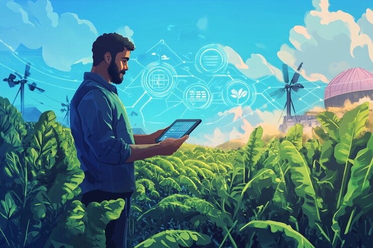 PSD farmer using tablet in a smart farm with wind turbines and technology interface