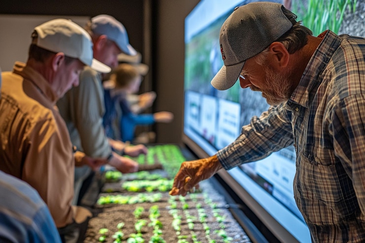 PSD farmers examining young plants at agricultural conference