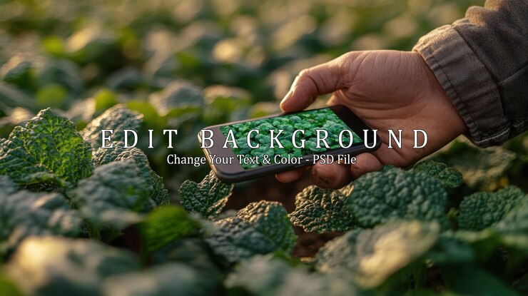 PSD a farmers hand holds a smartphone displaying a closeup of green plants in a field