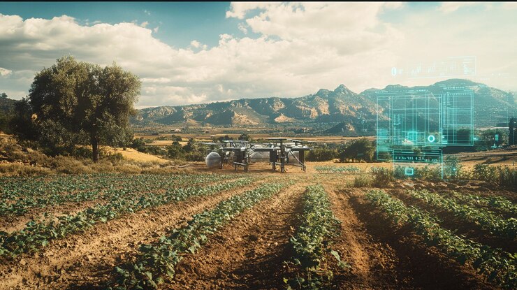 PSD farmers using drones for precision agriculture in a field with mountains in the background