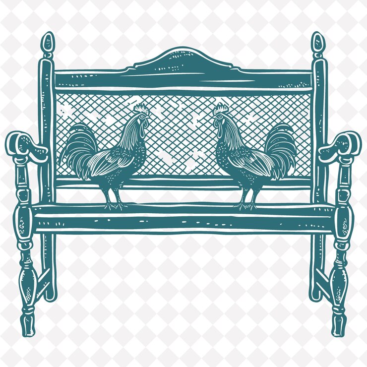 PSD farmhouse style bench with chicken wire design and png outline frame on clean background collection