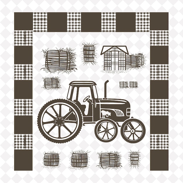 PSD farmhouse tractor folk art met plaid pattern en png outline frame op een schone achtergrond collectie