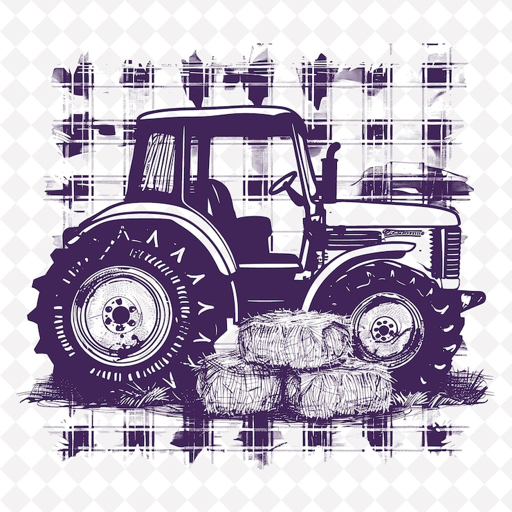 PSD farmhouse tractor folk art with plaid pattern and png outline frame on clean background collection (sztuka ludowa traktorów rolniczych z wzorem plakatowym i ramką konturową png na czystym tle)