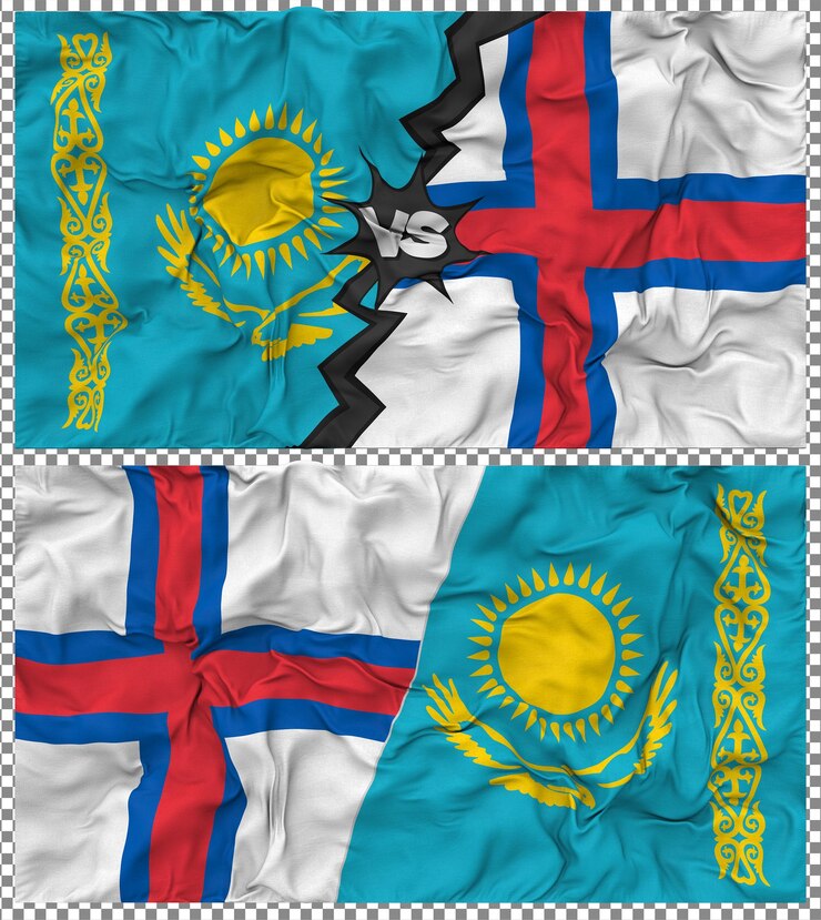 PSD faroe islands vs kazakhstan half combined flag cloth bump texture 3d rendering