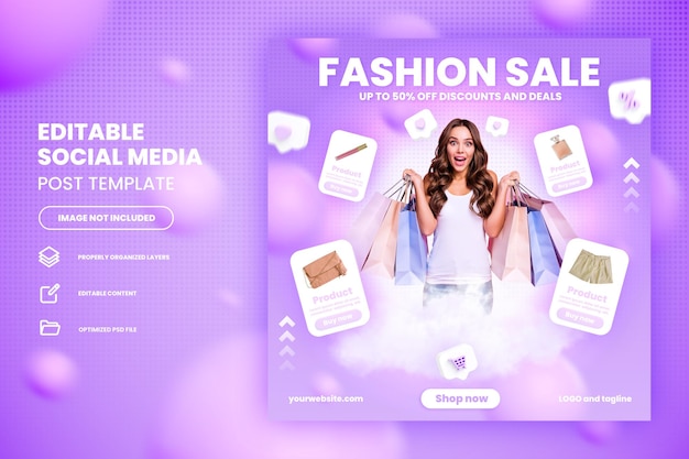 Fashion flash sale online shopping promotion on social media post template premium psd