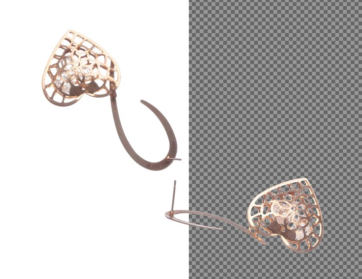 PSD fashion gold earrings with beautiful work detail is value luxury golden earring is fashion trend and fly in air white background isolated