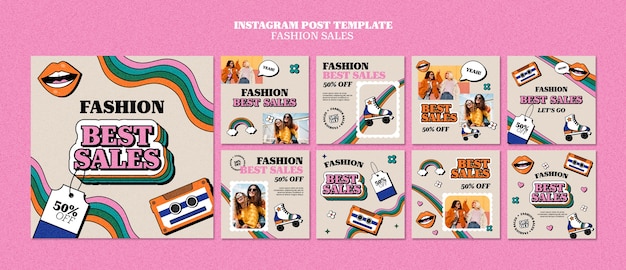 Collezione di post instagram di vendita di moda con design retrò