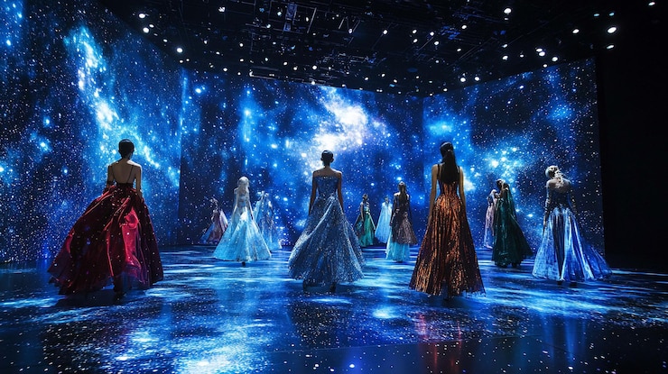 PSD fashion show with models in elegant gowns walking on a stage with a projected starry night sky