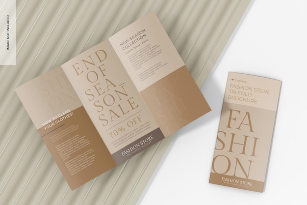 Fashion store tri fold brochure mockup on podium