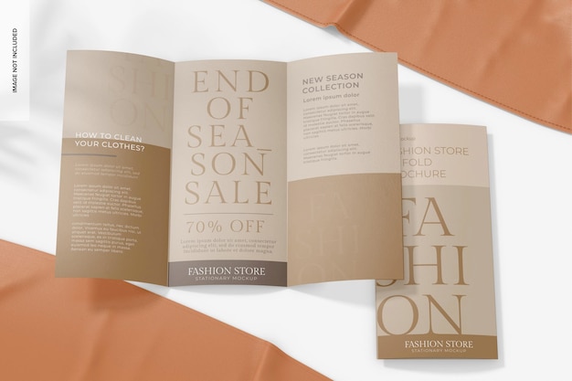 Fashion store tri fold brochure mockup with scissors