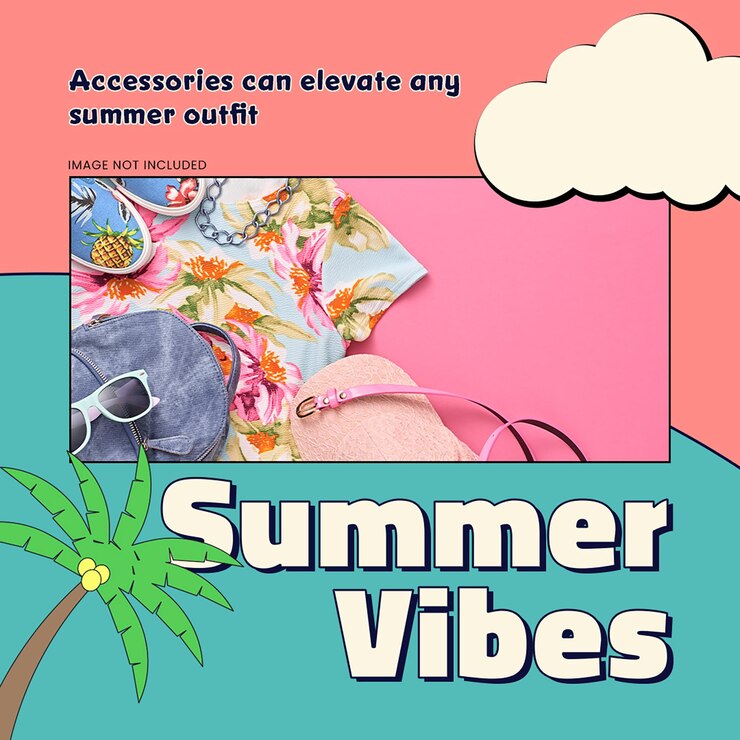 PSD fashion summer vibes on pink and blue background instagram post template