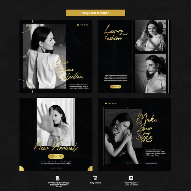 PSD Модная женская роскошная элегантная темная тема instagram post template design set bundle premium