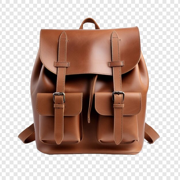Fashionable brown leather bag or backpack isolated on transparent background