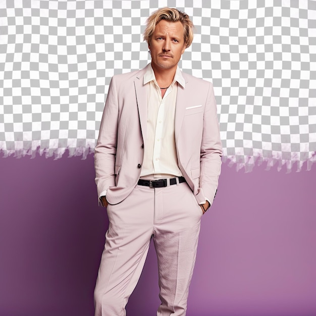 PSD un uomo di mezza età scandinavo alla moda e determinato in abiti eleganti posa su uno sfondo di lilac pastello