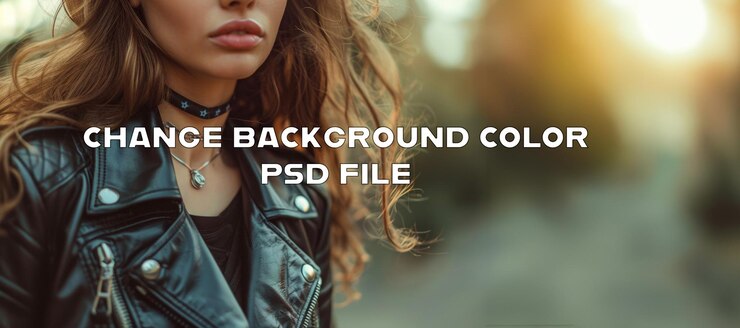 PSD fashionable woman in black leather jacket enjoying an autumn day outdoors