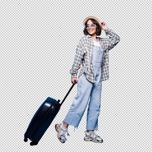 fashionable woman running with suitcase