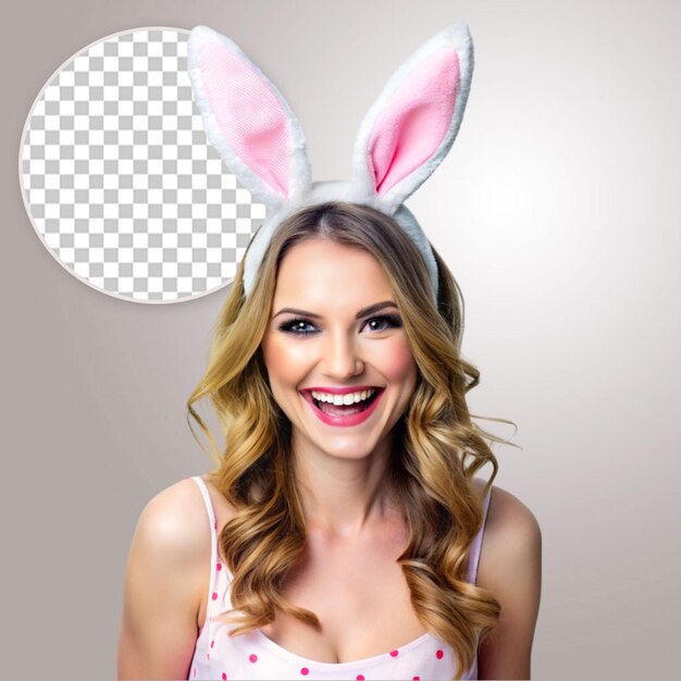 Fashionable woman with glasses and bunny ears on transparent background